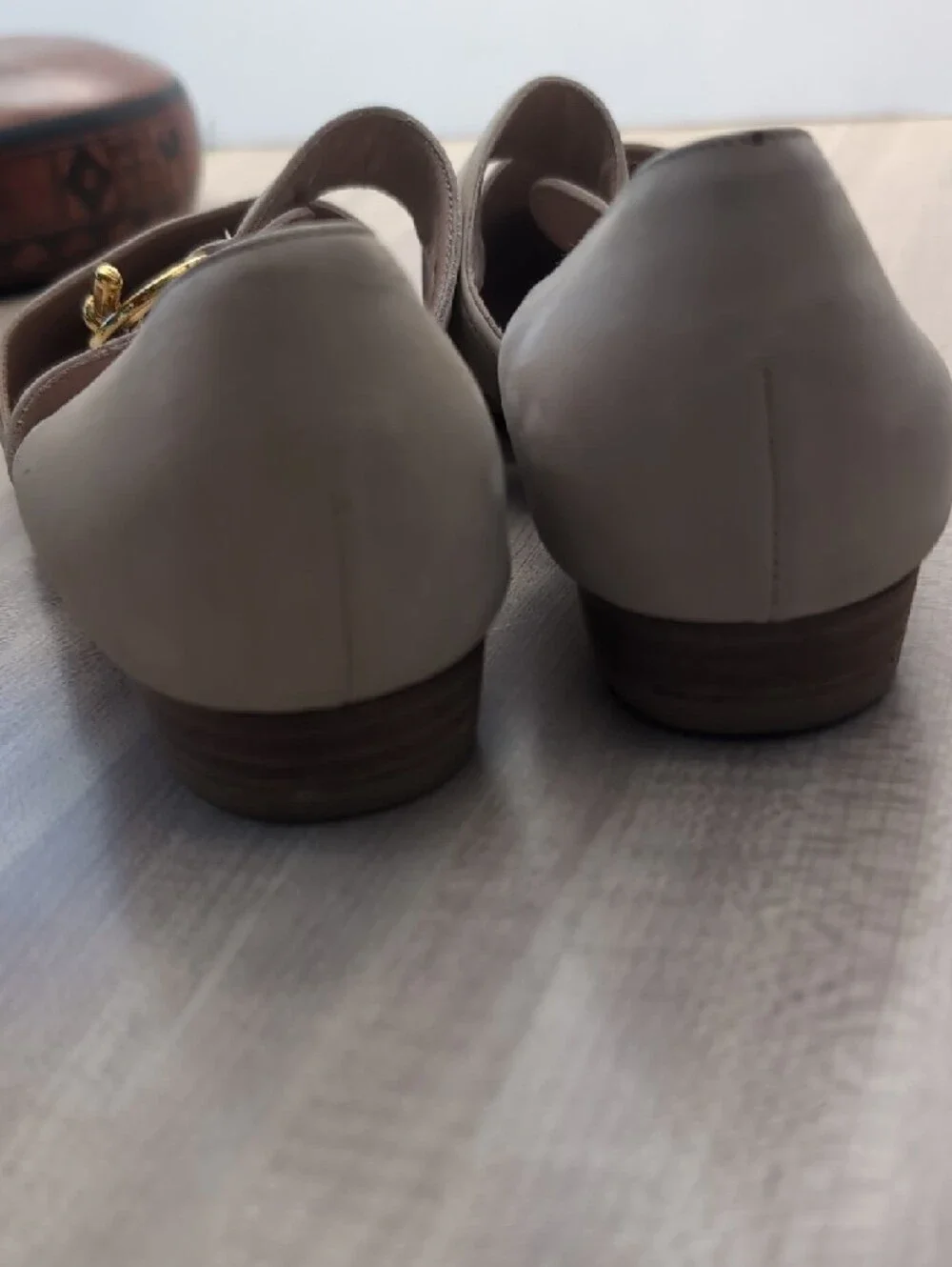 Saks Fifth Avenue Taupe Leather Pointed Flats with Gold Buckle